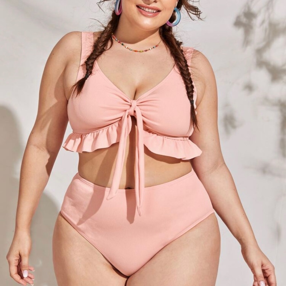 Plus Rib Knot Front Ruffle Hem Bikini Swimsuit